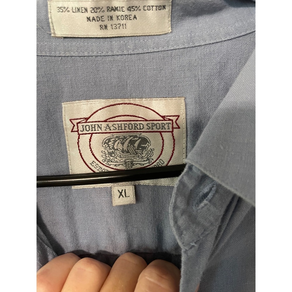 John Ashford Sport Mens XL Blue Linen Blend Short Sleeve Button Down Shirt - Picture 3 of 6
